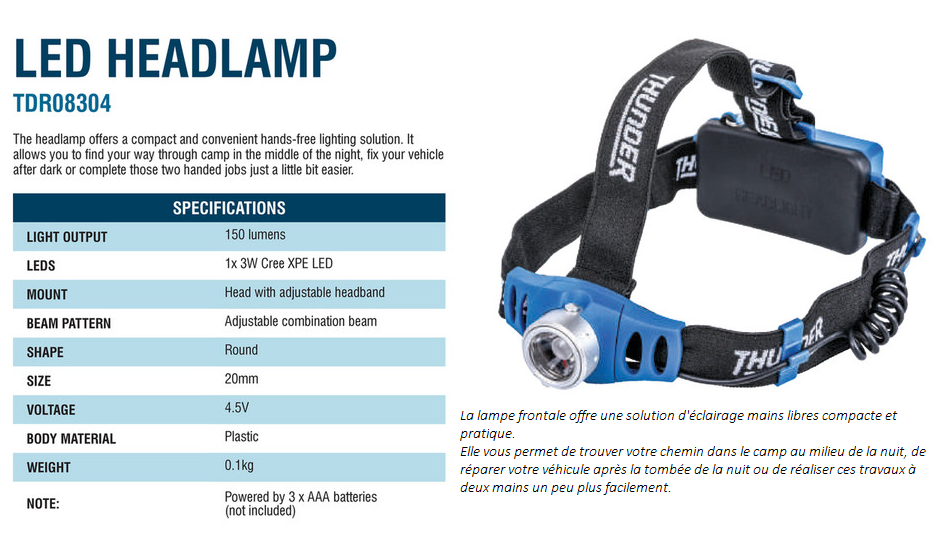 LAMPE FRONTALE LED 150 Lumens (1x3W Cree XPE LED 4.5V) Rechargeable