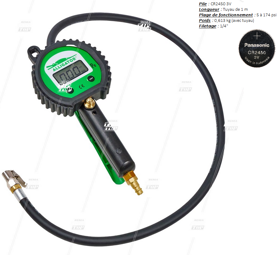 PISTOLET GONFLAGE DIGITAL VL/PL "ALLIGATOR" (TUYAU 1.0M / 5-174psi)