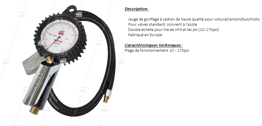 PISTOLET DE GONFLAGE "WONDER 1991" VL/PL (0.7-12bars / 10-174psi)