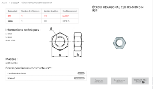 ECROU 6 PANS 5X0,80 (sachet de 110 pcs)